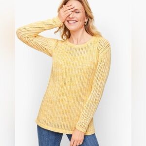 Talbots Sz M Petite Open Stitch Sweater Space Dyed Yellow Rib Knit Cotton Cozy